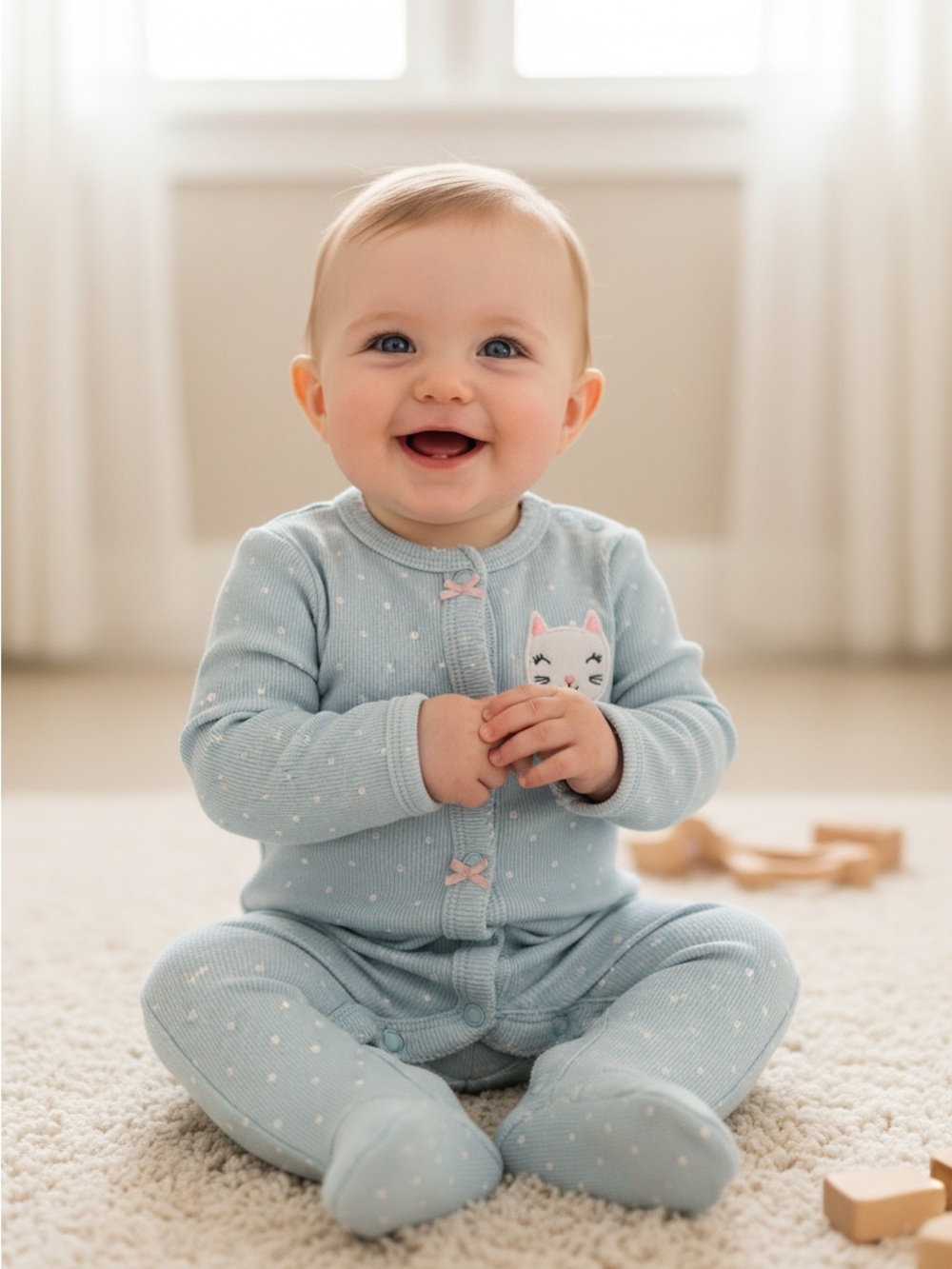 Carter's Light Blue Footed Pajama One-Piece with Cat Appliqué